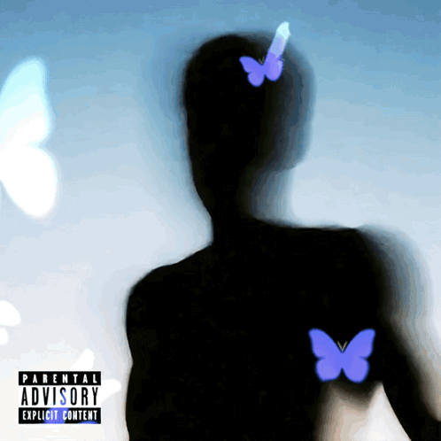 A Parental Advisory Explicit Content Album Cover With A Silhouette Of A Person And Butterflies GIF