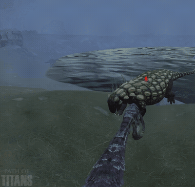 A Path Of Titans Poster With A T-Rex And A Triceratops GIF