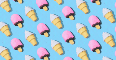 A Pattern Of Ice Cream Cones With Pink And White Icing On A Blue Background GIF