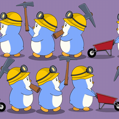 A Pattern Of Penguins Wearing Hard Hats Holding Hammers And A Wheelbarrow GIF