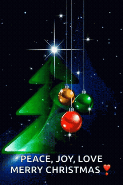 A Peace Joy Love Merry Christmas Card With A Christmas Tree And Decorations GIF