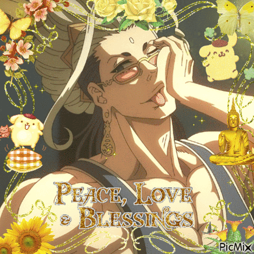 A Peace Love And Blessings Greeting Card With A Man Sticking Out His Tongue GIF