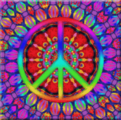 A Peace Sign Is Surrounded By A Colorful Kaleidoscope GIF