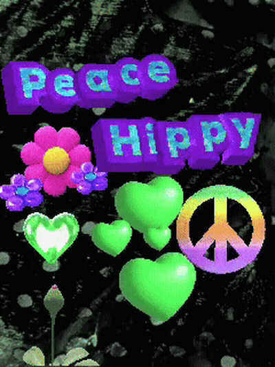 A Peace Sign Is Surrounded By Green Hearts And A Pink Flower GIF