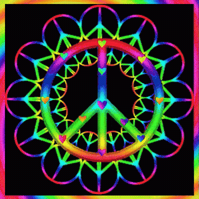 A Peace Sign Is Surrounded By Hearts On A Rainbow Background GIF