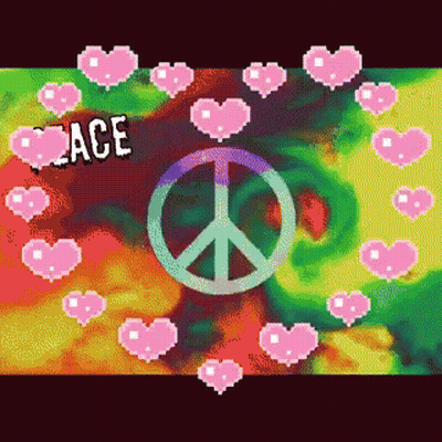 A Peace Sign Is Surrounded By Pink Hearts And The Word Peace Is Above It GIF
