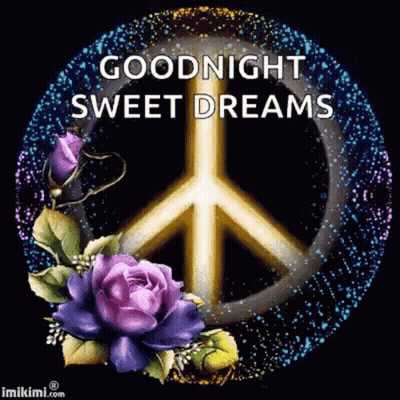 A Peace Sign Is Surrounded By Purple Flowers And A Goodnight Sweet Dreams Message . GIF