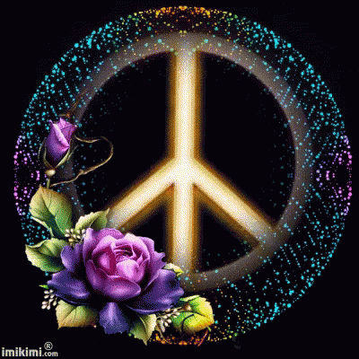 A Peace Sign Is Surrounded By Purple Flowers And Sparkles GIF