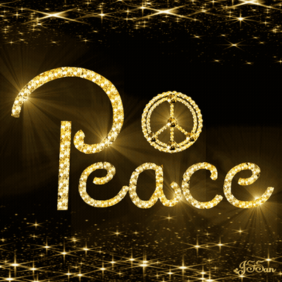 A Peace Sign Is Surrounded By The Word Peace In Gold GIF