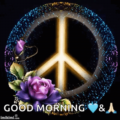 A Peace Sign With Purple Roses And The Words `` Good Morning '' . GIF