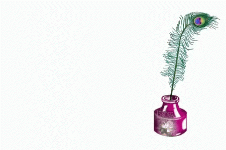 A Peacock Feather Is In A Purple Ink Bottle With The Words Gracias Below It GIF