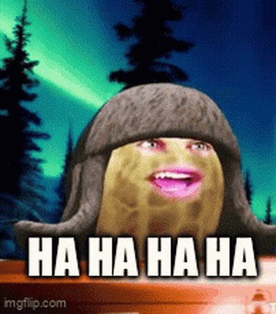 A Peanut Is Wearing A Fur Hat And Laughing With The Words Ha Ha Ha Ha GIF