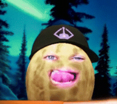 A Peanut Wearing A Black Hat With A Purple Peace Sign On It GIF