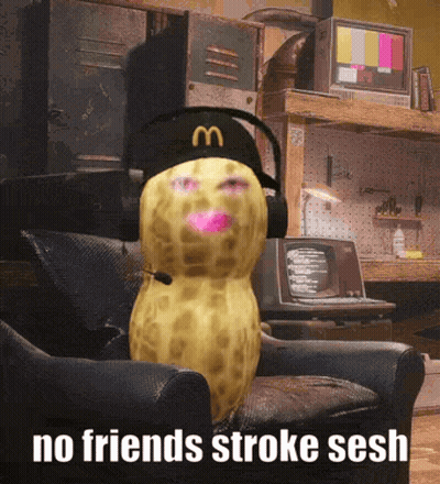 A Peanut Wearing Headphones And A Mcdonald 'S Hat Is Sitting In A Chair GIF
