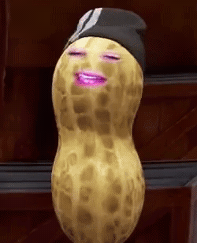 A Peanut With A Purple Face Is Wearing A Black Hat And Smiling . GIF