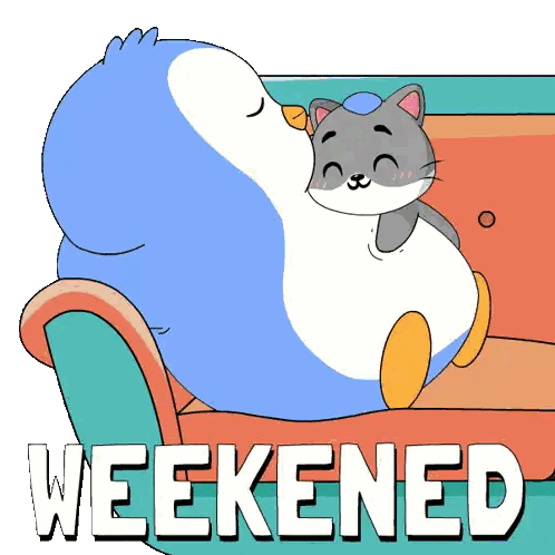 A Penguin And A Cat Are Sitting On A Couch With The Words Weekend Written Below Them Sticker