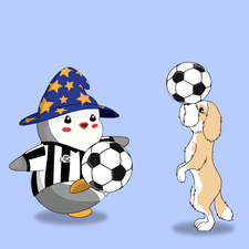 A Penguin And A Dog Are Playing With Soccer Balls And One Has A Soccer Ball On Its Head GIF