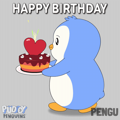 A Penguin Blowing Out A Candle On A Cake With The Words Happy Birthday Behind It GIF