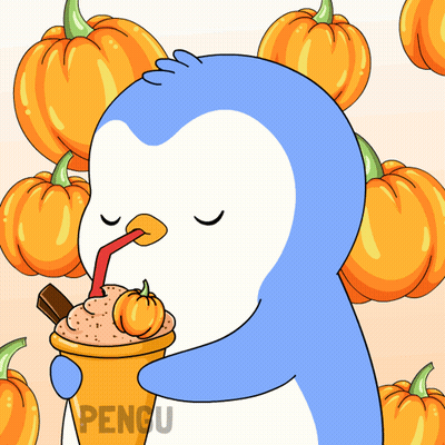 A Penguin Drinking A Milkshake With A Pumpkin In It GIF