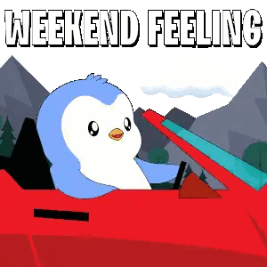 A Penguin Driving A Red Car With The Words Weekend Feeling Sticker