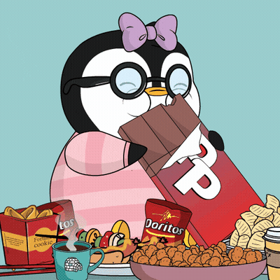 A Penguin Eating A Bar Of Chocolate Next To A Bag Of Doritos Chips GIF