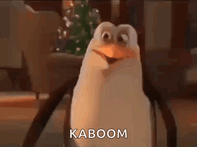 A Penguin From Spongebob Squarepants Is Standing In Front Of A Christmas Tree And Says Kaboom . GIF