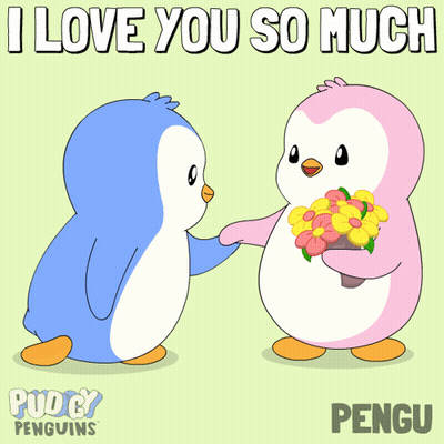a penguin giving a bouquet of flowers to another penguin with the words i love you so much