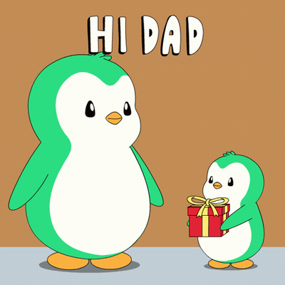 A Penguin Giving A Gift To Another Penguin With The Words Hi Dad Behind It GIF