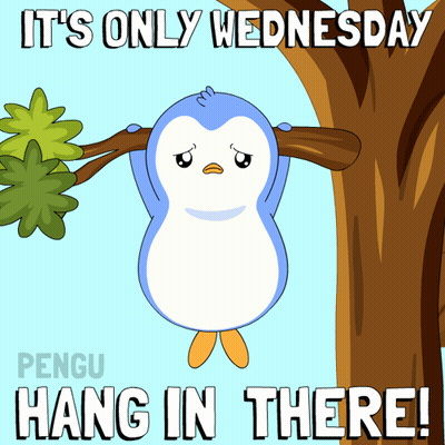 A Penguin Hangs Upside Down From A Tree Branch With The Words It 'S Only Wednesday Hang In There GIF