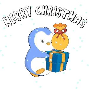 A Penguin Holding A Bag Of Presents And The Words Merry Christmas Above It Sticker