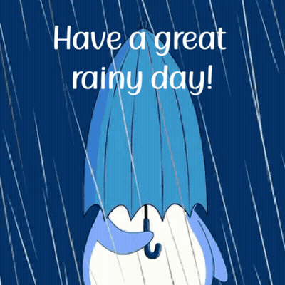 A Penguin Holding A Blue Umbrella In The Rain With The Words " Have A Great Rainy Day " GIF