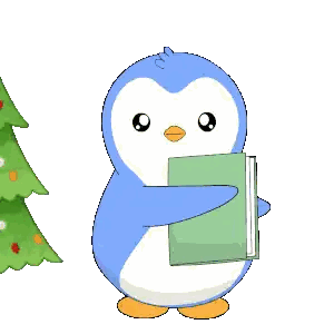 A Penguin Holding A Book That Says Merry Christmas In Front Of A Christmas Tree Sticker