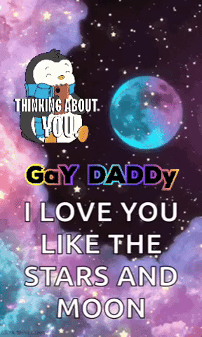 A Penguin Holding A Book With The Words " Thinking About You Gay Daddy I Love You Like The Stars And Moon " On It GIF