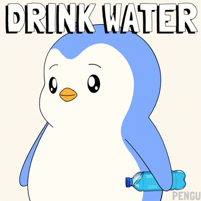 A Penguin Holding A Bottle Of Water With The Words Drink Water Behind Him GIF
