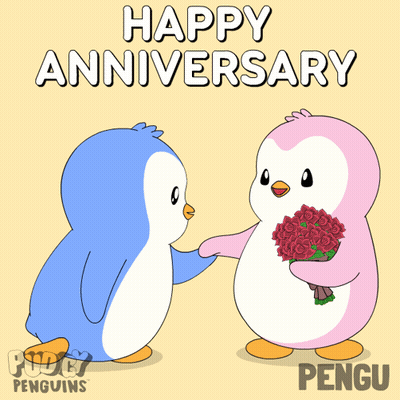 A Penguin Holding A Bouquet Of Red Roses With The Words Happy Anniversary Written Above It GIF