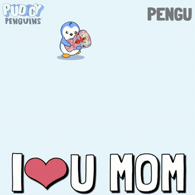 A Penguin Holding A Bouquet Of Stuffed Penguins With The Words I Love U Mom GIF