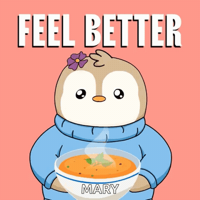 A Penguin Holding A Bowl Of Soup With The Words " Feel Better Mary " On The Bottom GIF