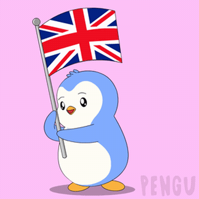A Penguin Holding A British Flag With The Word Pengu On The Bottom Right GIF