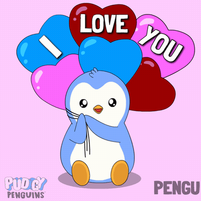 A Penguin Holding A Bunch Of Heart Shaped Balloons That Say " Love You " GIF