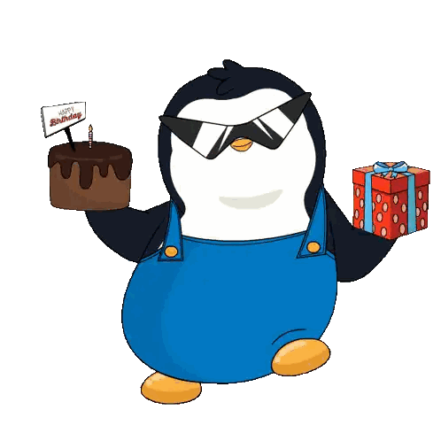 A Penguin Holding A Cake And A Gift With A Happy Birthday Sign Sticker