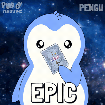 A Penguin Holding A Card That Says Vibes On It GIF