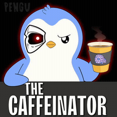 A Penguin Holding A Cup Of Coffee With The Words " The Caffeinator " On The Bottom GIF
