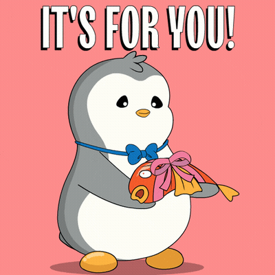 A Penguin Holding A Fish With The Words " It 'S For You " On The Bottom GIF