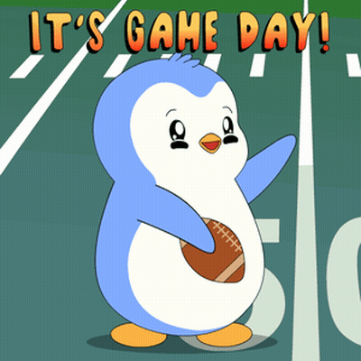 A Penguin Holding A Football With The Words It 'S Game Day GIF