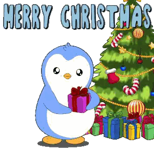 A Penguin Holding A Gift In Front Of A Christmas Tree With The Words Merry Christmas Written Above It Sticker