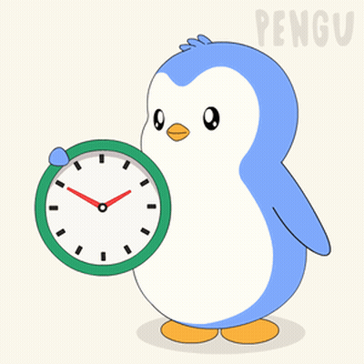 A Penguin Holding A Green Clock With The Word Pengu On The Bottom Right GIF