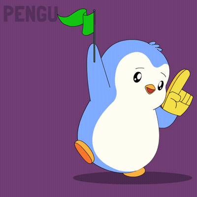 A Penguin Holding A Green Flag And A Yellow Finger Pointing Up GIF