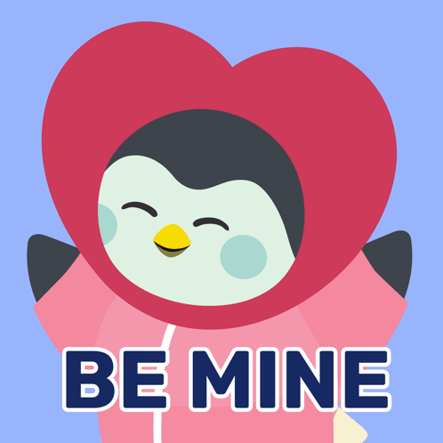 A Penguin Holding A Heart Shaped Balloon With The Words Be Mine Below It GIF