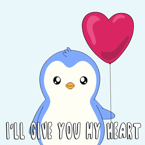 A Penguin Holding A Heart Shaped Balloon With The Words " I 'Ll Give You My Heart " GIF