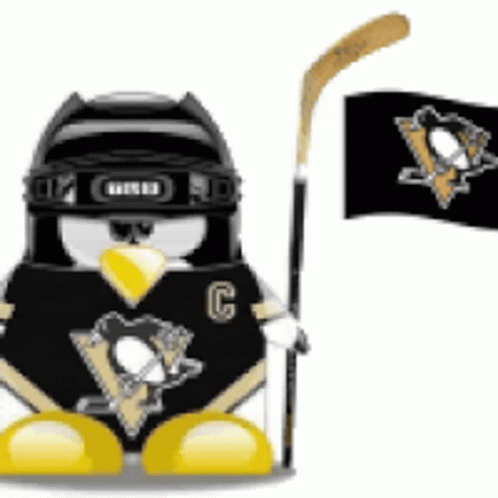 A Penguin Holding A Hockey Stick And A Flag With A Penguin On It GIF